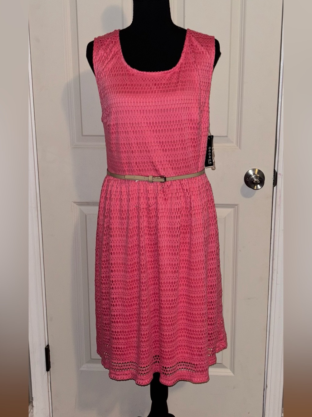 George Pink Crochet Sleeveless Dress with Thin Belt